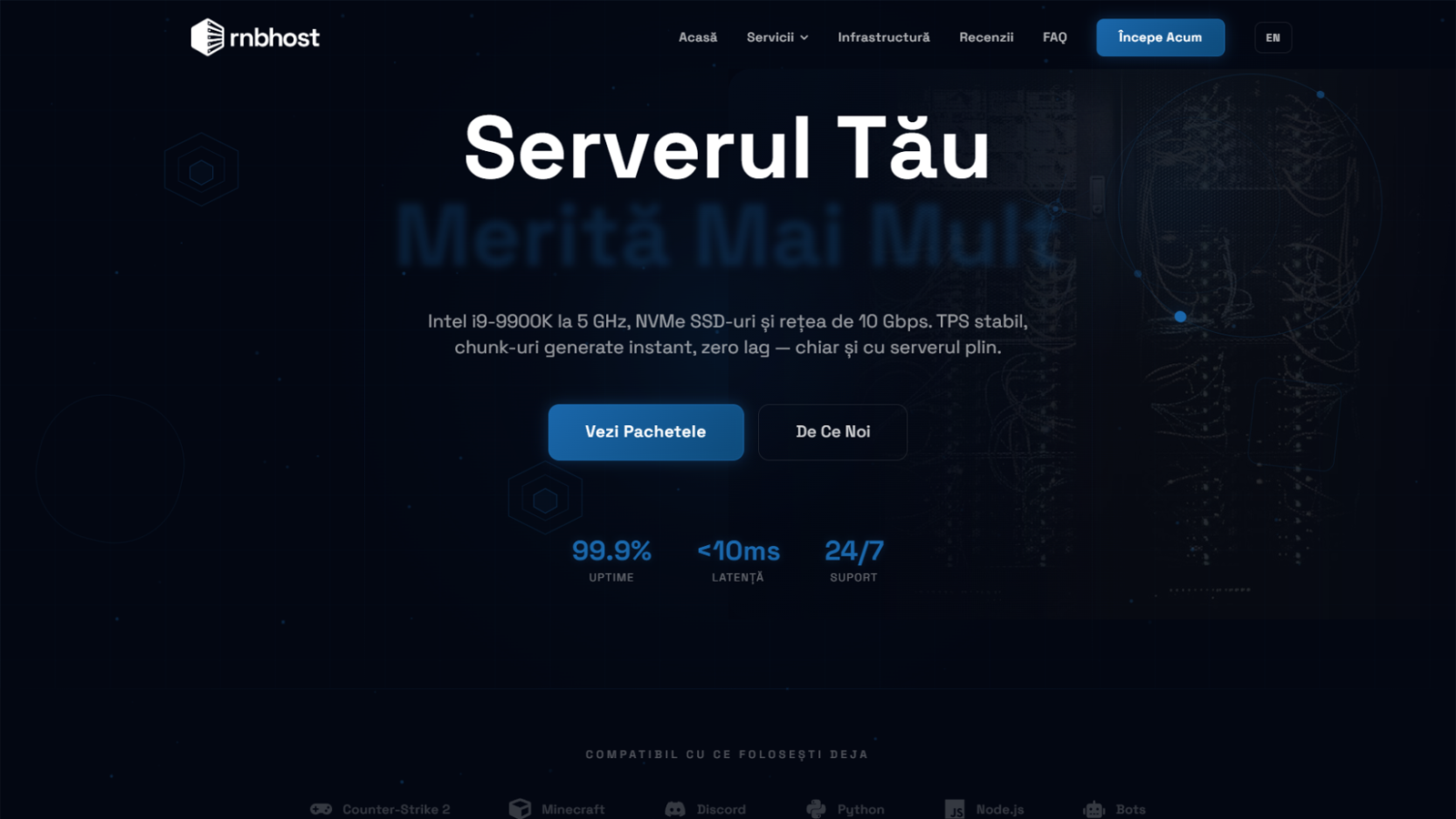 Proiect web design: RNBHost — Platformă Premium de Hosting — RNBDesigns Constanța